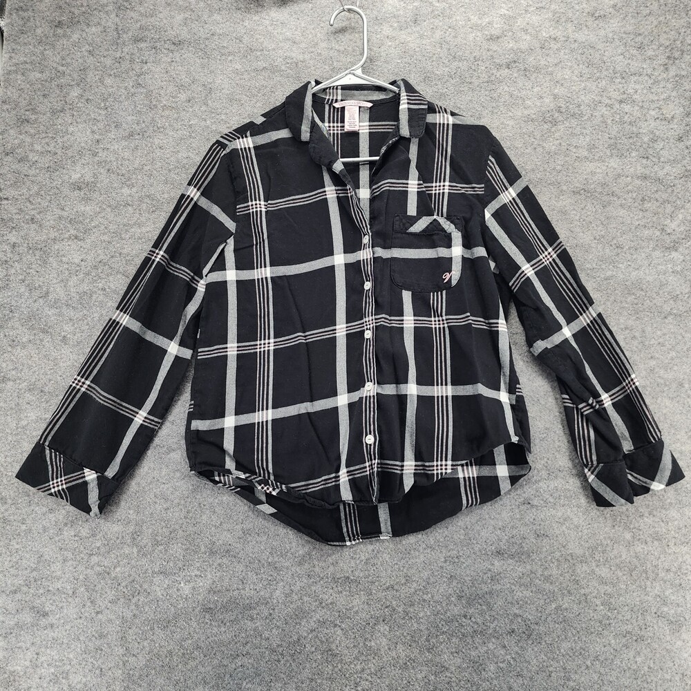 Victoria Secret Shirt Womens XS Long Sleeve Button Up Black Plaid